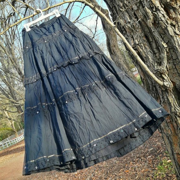 Boho Skirt Long Beaded Vintage Gypsy Skirts Black - Picture 7 of 13